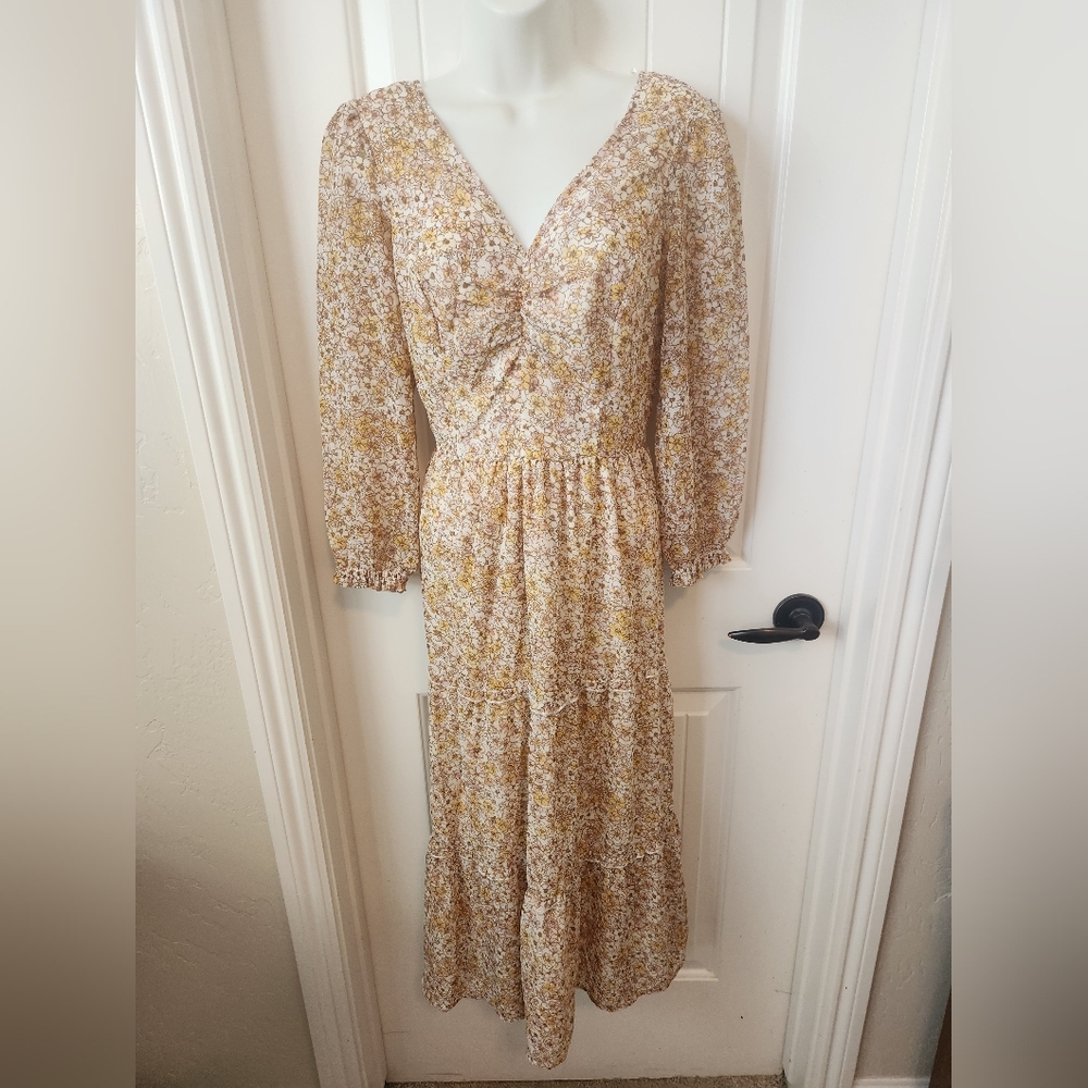 Sincerely Jules Ditsy Floral Pinched Vneck Dress -Yellow and White Sz M Like New